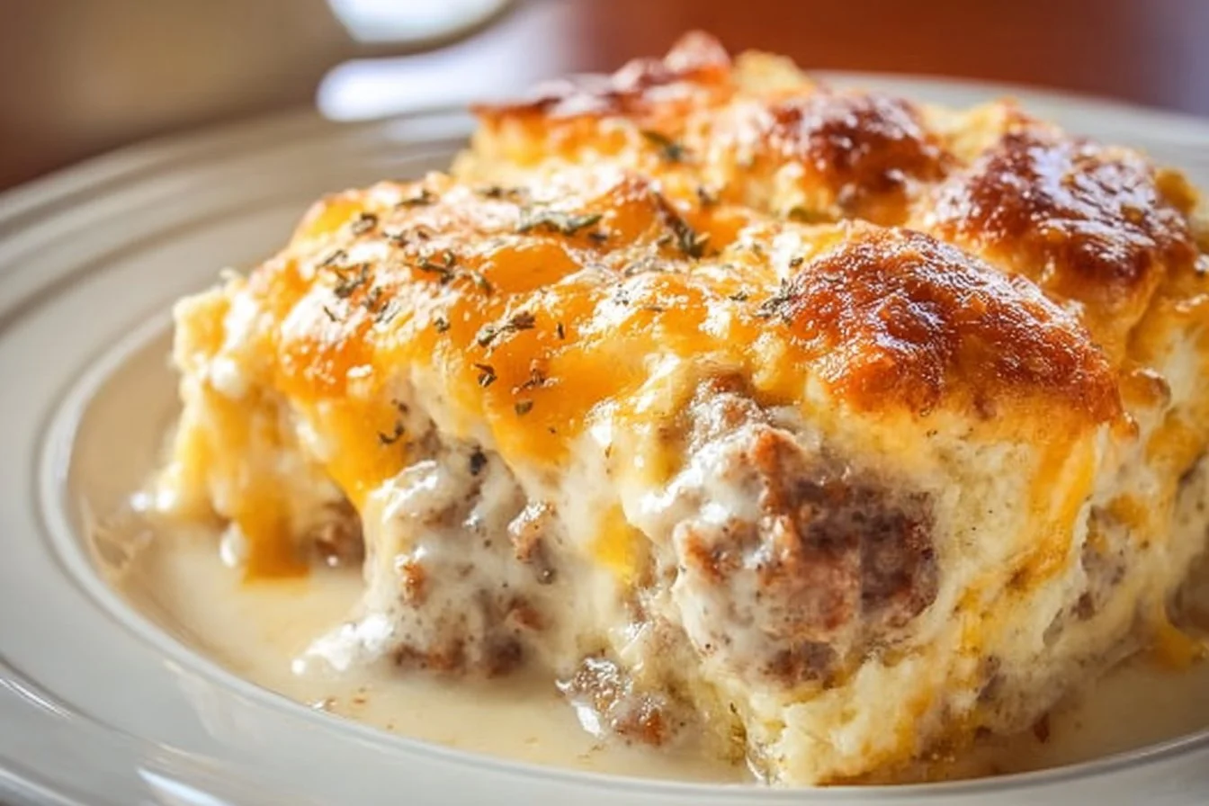 Delicious biscuits and gravy breakfast casserole served on a plate.