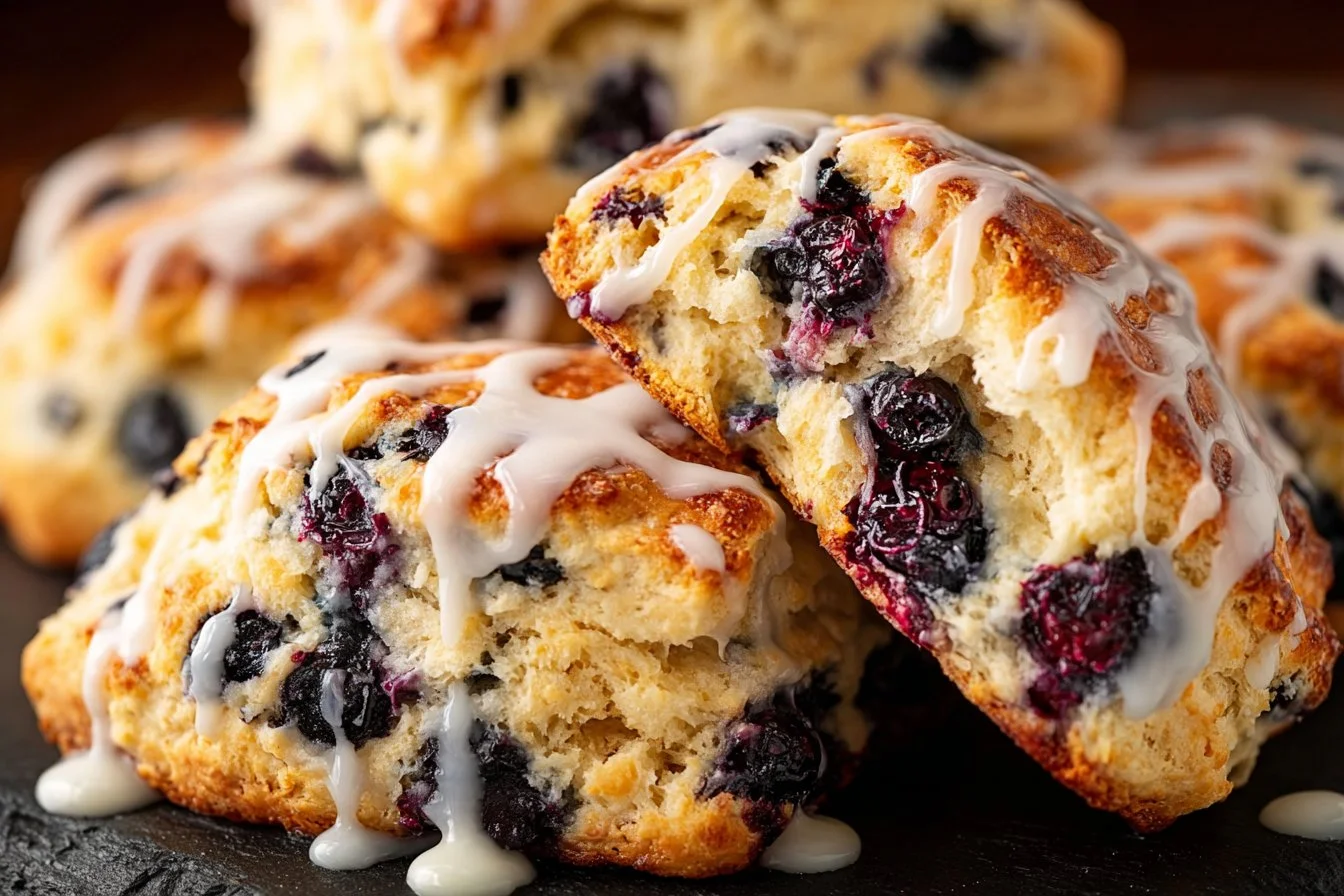 Freshly baked blueberry biscuits served on a rustic plate