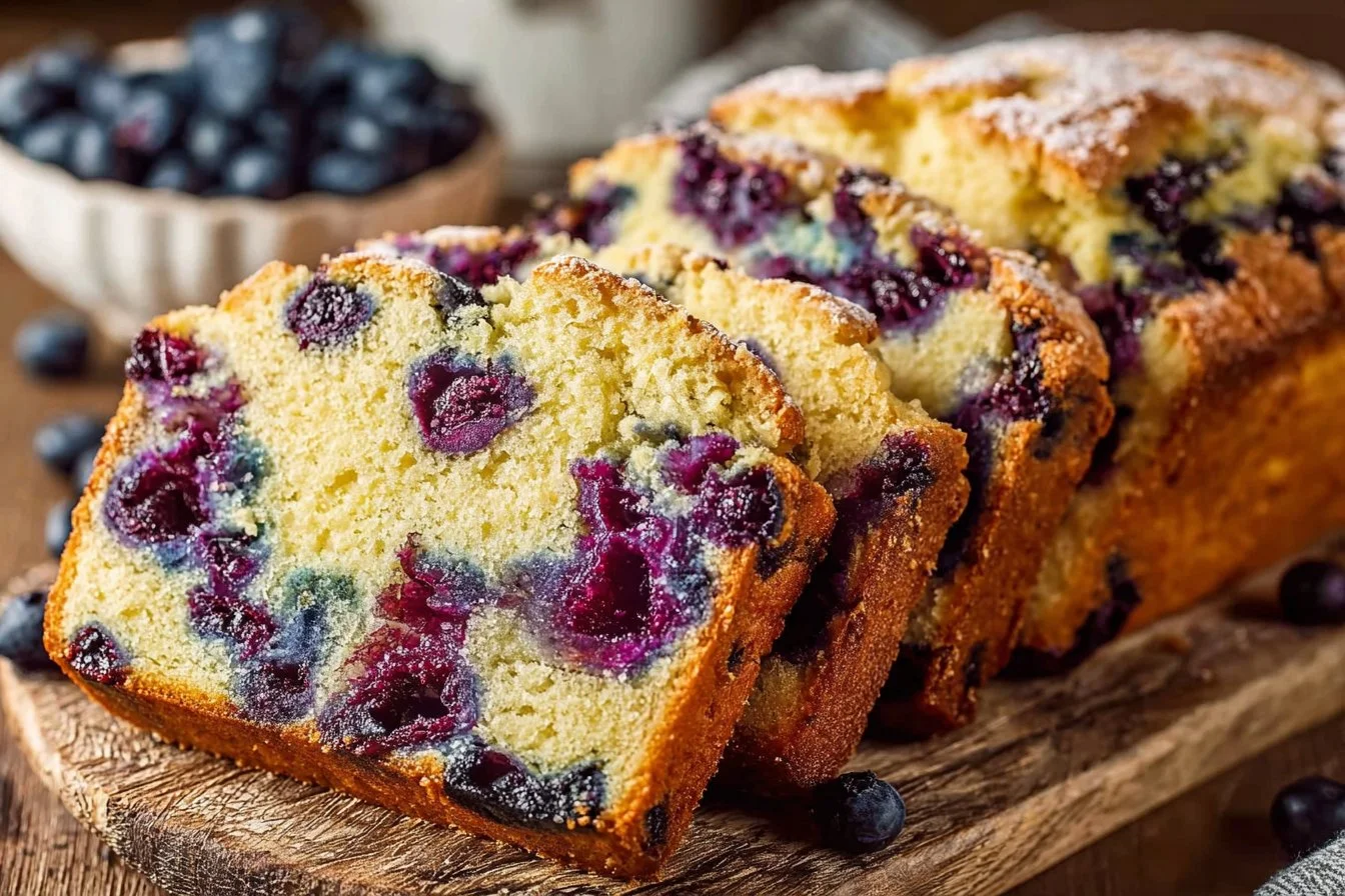 Homemade blueberry bread loaf with fresh blueberries