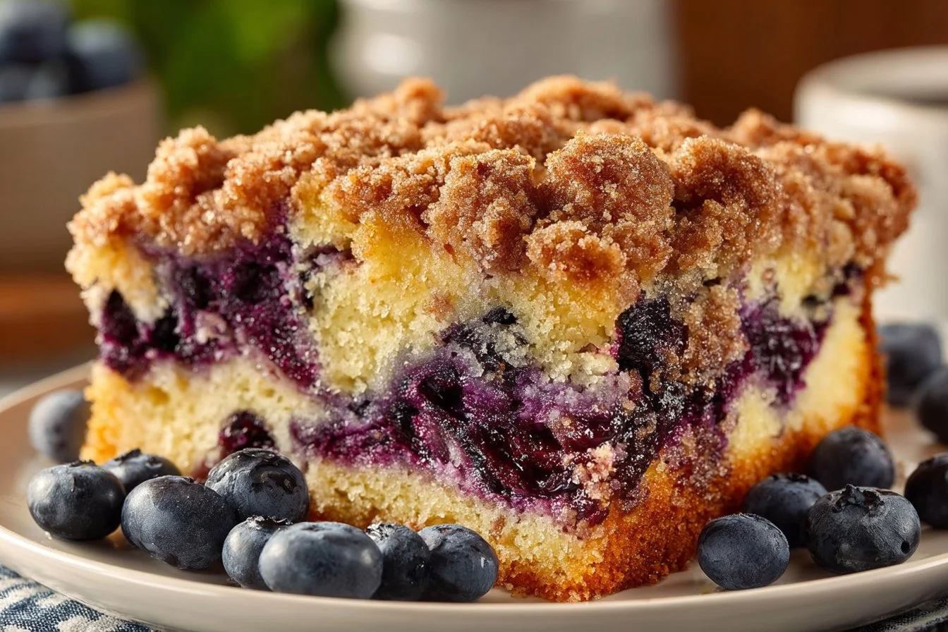 Freshly baked Blueberry Coffee Cake with a crisp topping and juicy blueberries.
