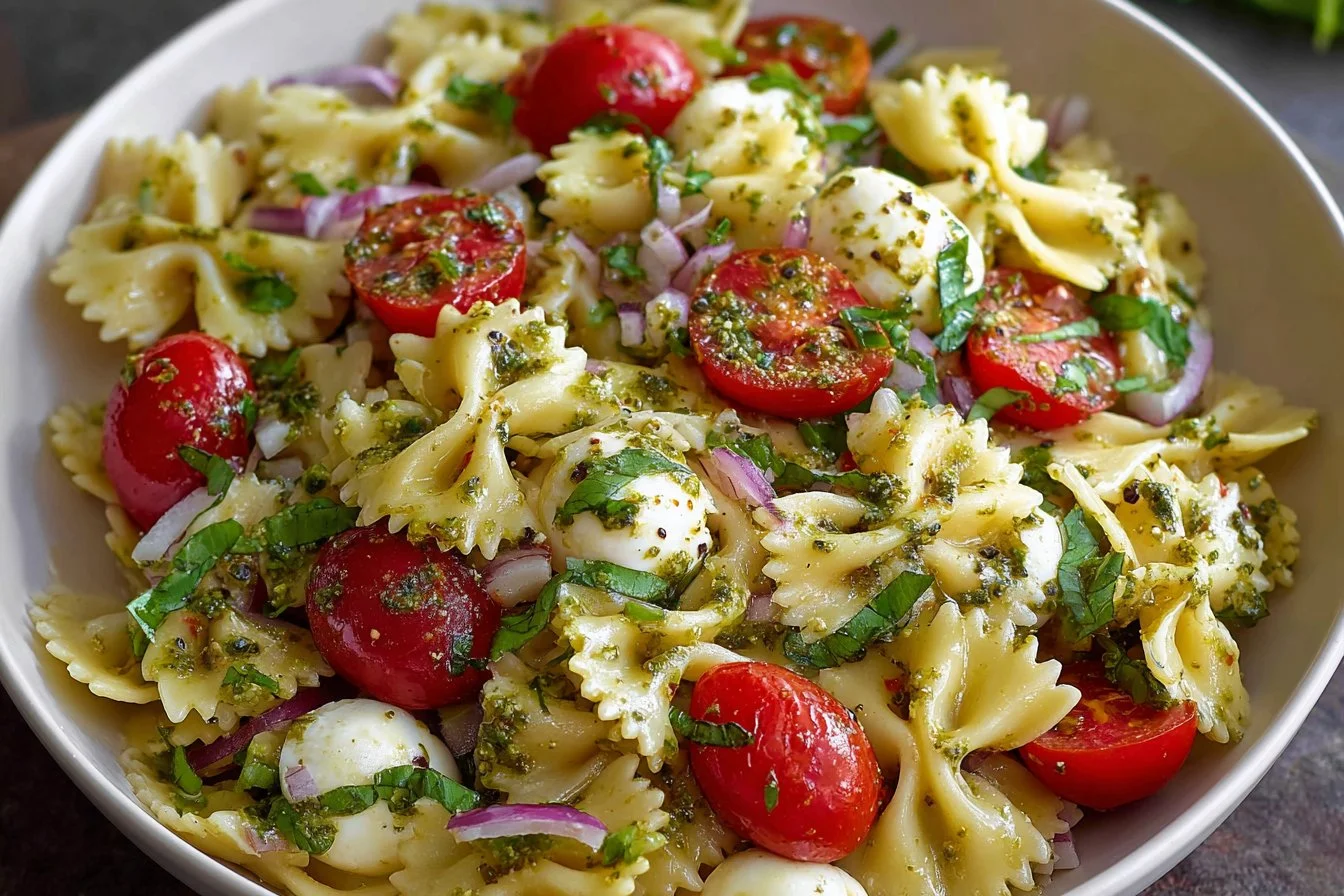 Colorful Bow Tie Pasta Salad with fresh vegetables and dressing