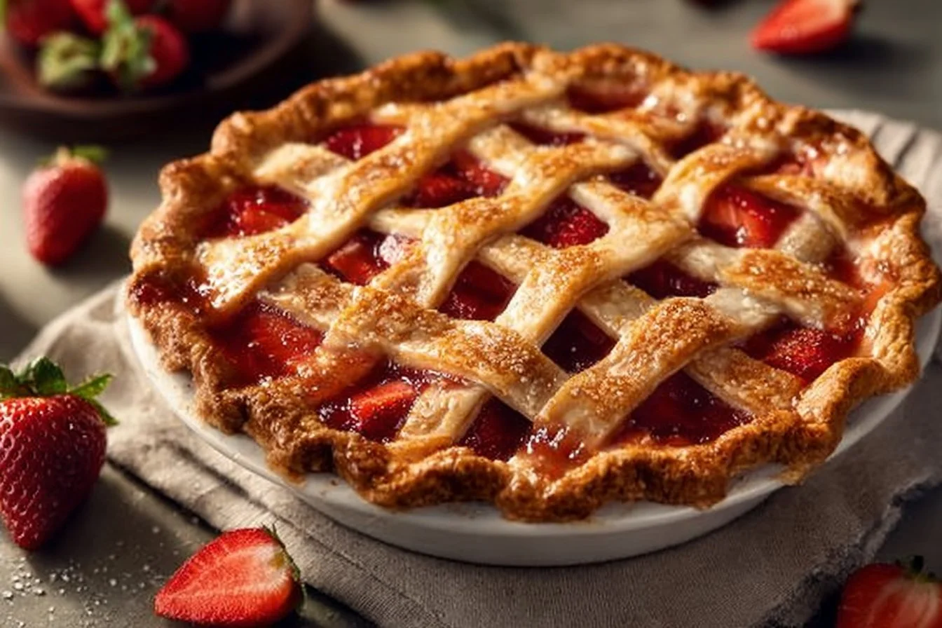 Delicious Brown Butter Strawberry Peach Pie fresh out of the oven