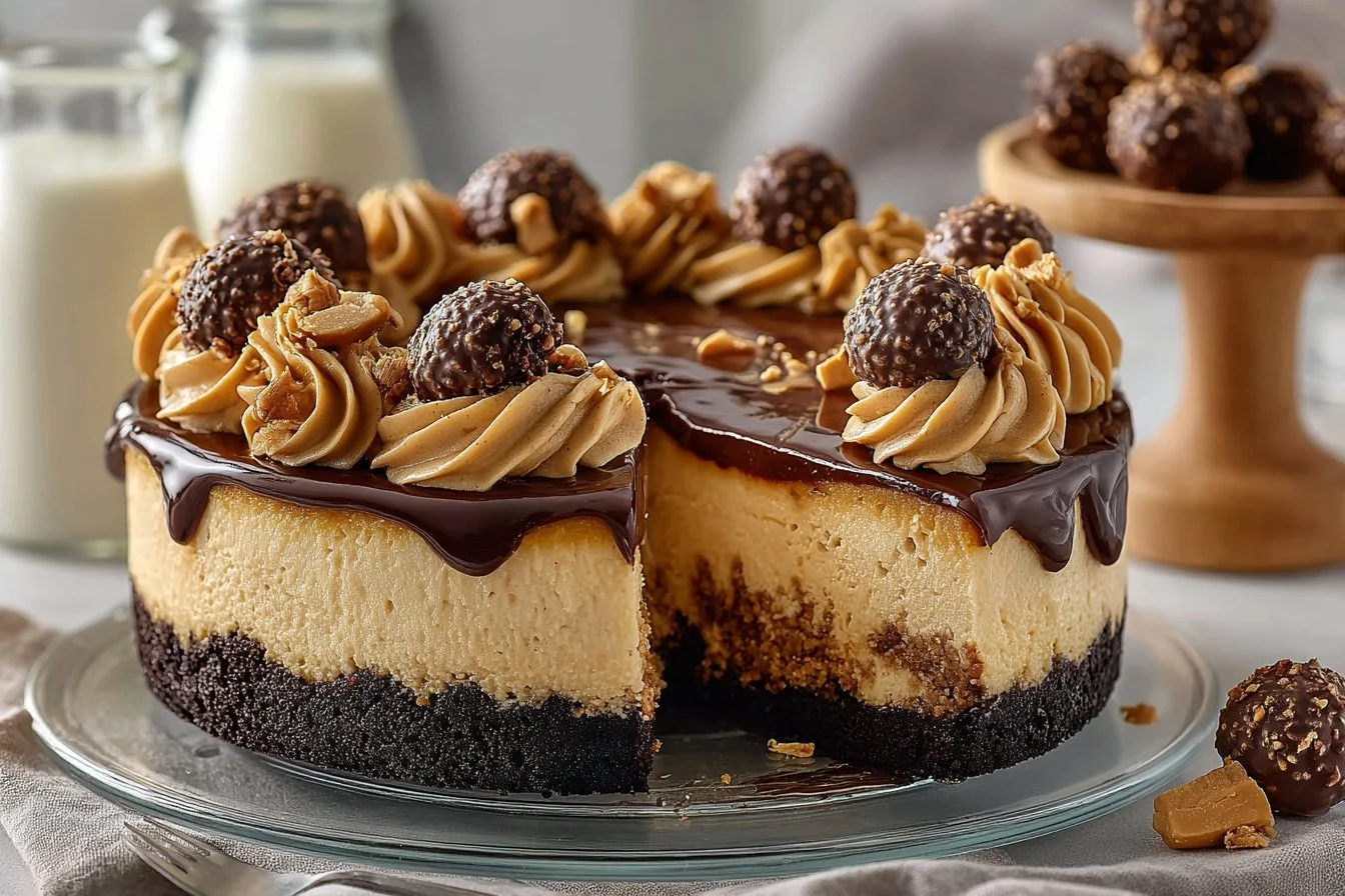 Delicious Buckeye Cheesecake topped with chocolate and peanut butter drizzle