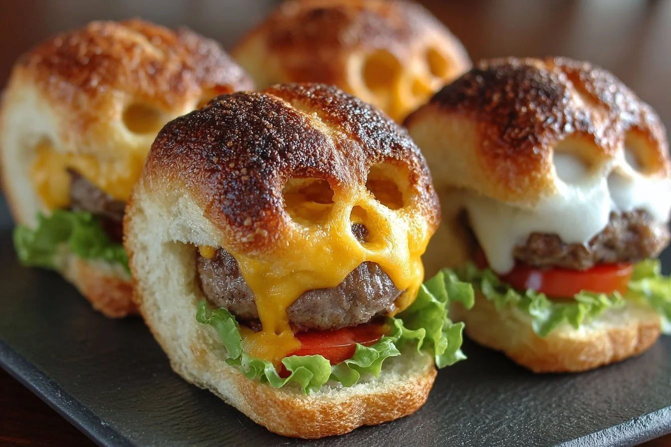 Cheeseburger skulls for Halloween party snacks