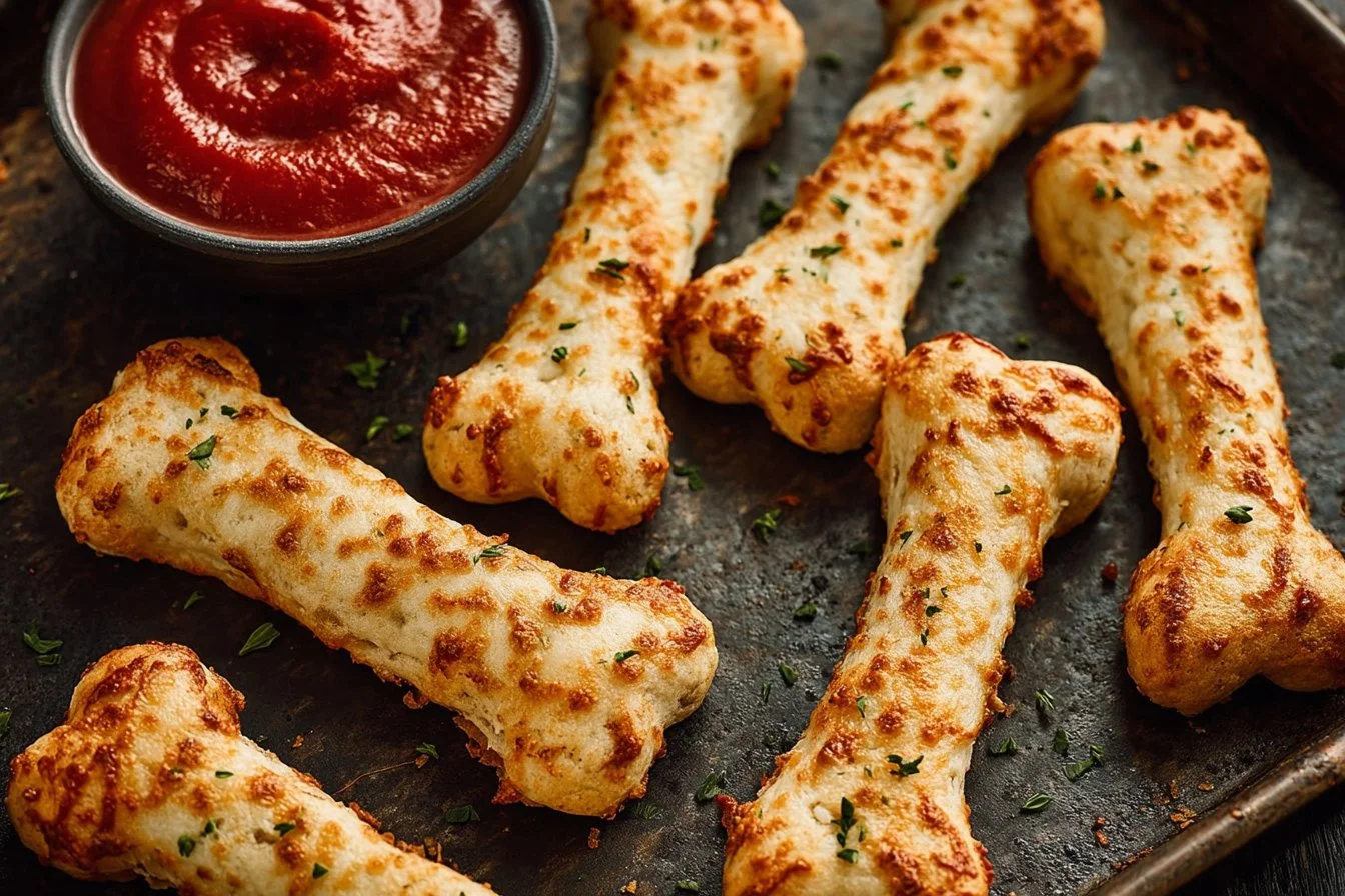 Cheesy Halloween breadstick bones shaped for festive parties and Halloween fun.