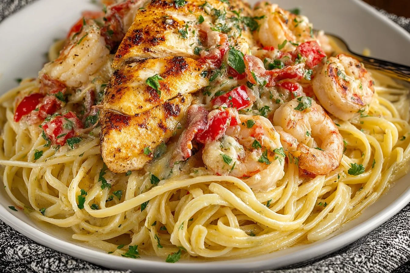 Plate of Chicken and Shrimp Carbonara with creamy sauce and garnished with parsley.