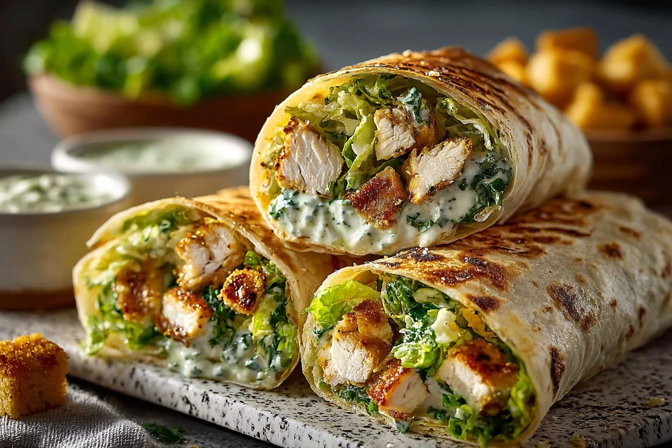 Chicken Caesar Wrap featuring grilled chicken and fresh romaine lettuce