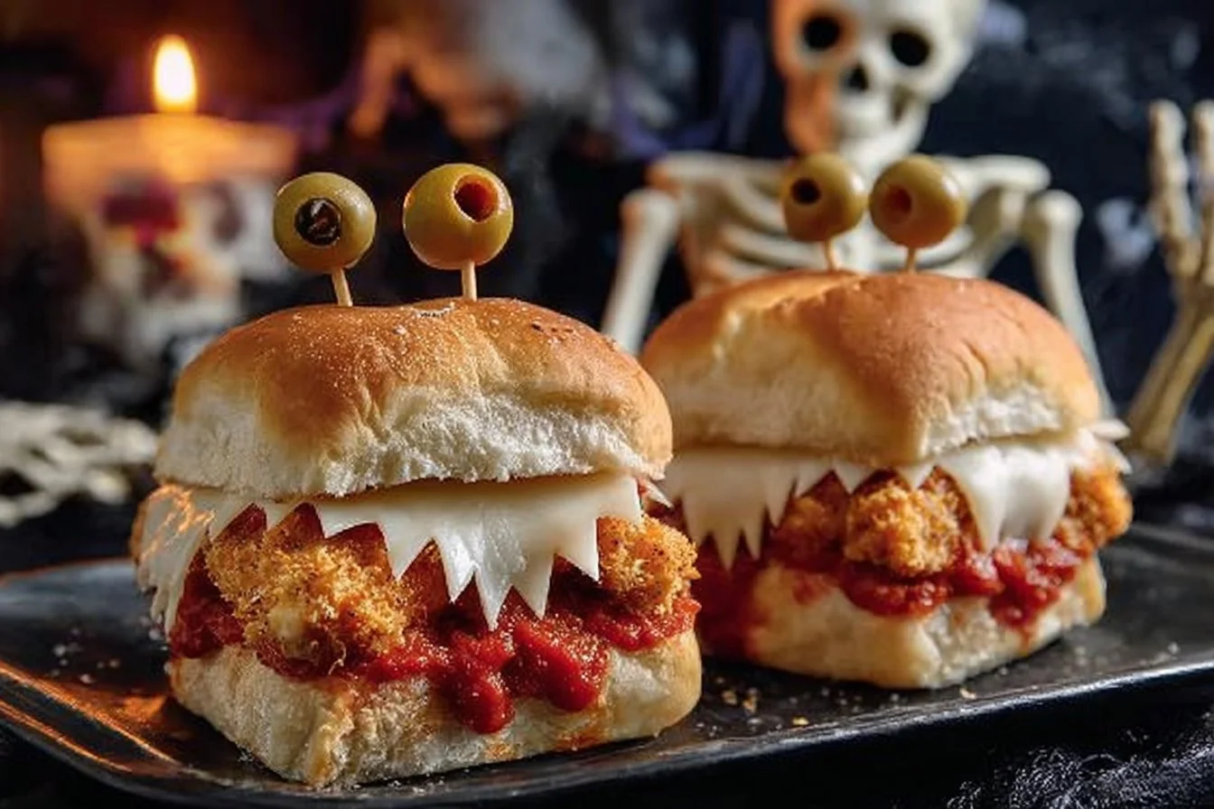 Plate of Chicken Parm Monster Sliders garnished with basil and marinara sauce