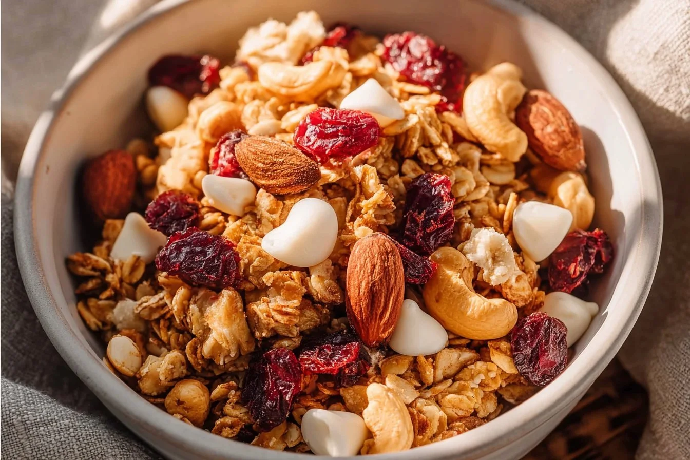 A bowl of festive Christmas Granola with dried fruits and nuts