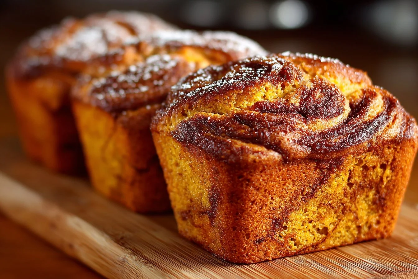 Cinnamon swirl pumpkin bread mini loaves on a wooden table