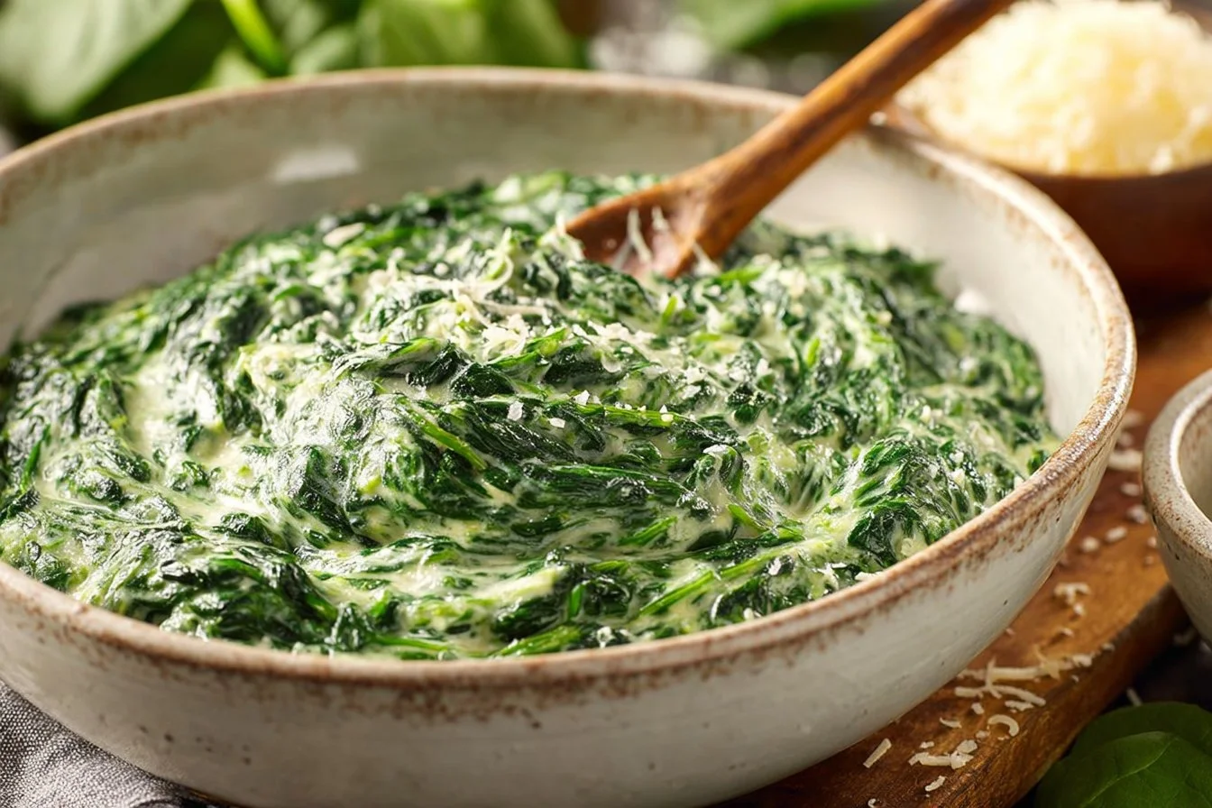 Delicious creamed spinach served in a bowl as a side dish