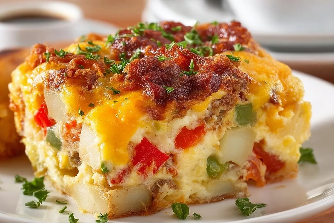 Delicious Crockpot Breakfast Casserole with eggs, cheese, and veggies cooked to perfection.
