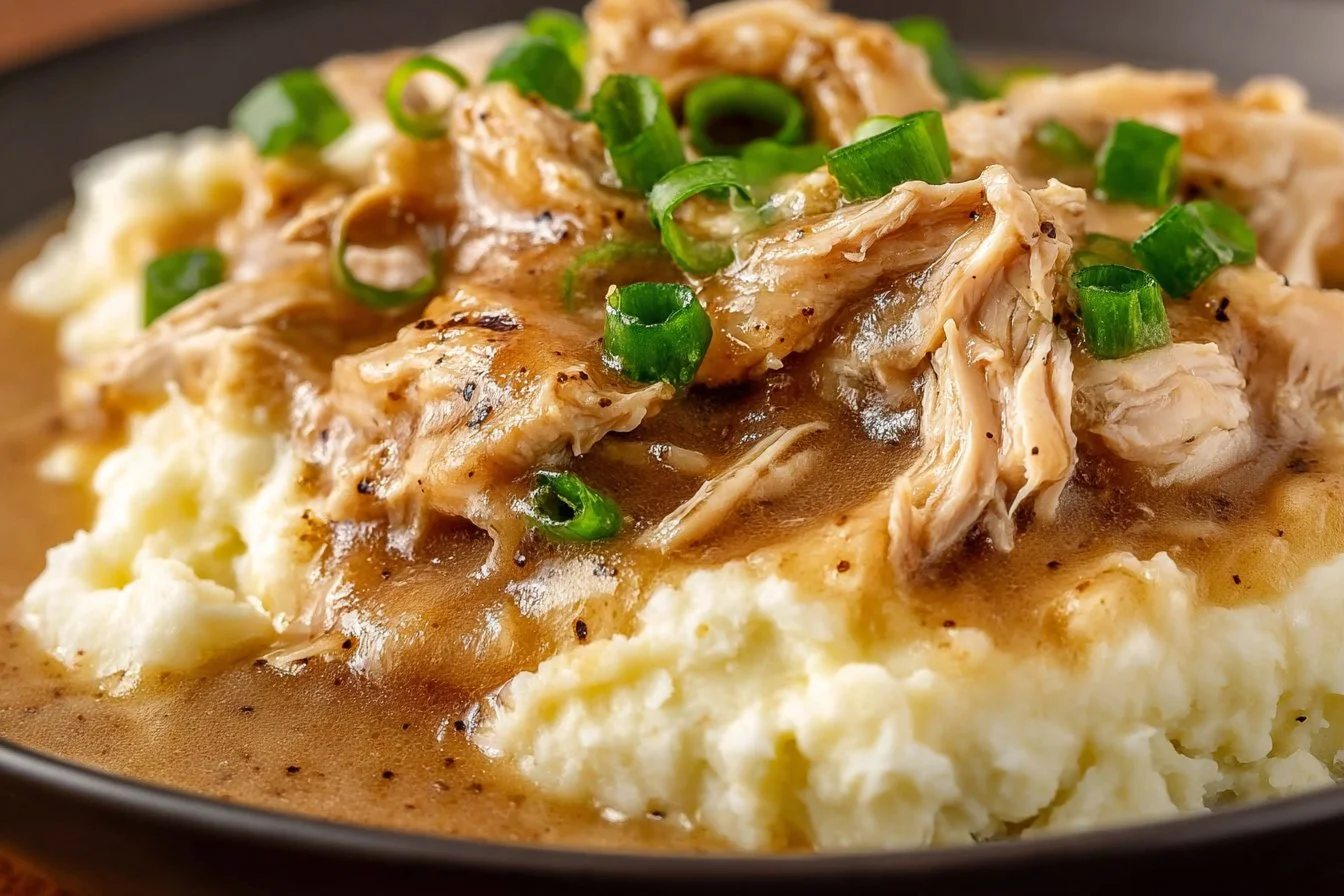 Crockpot Chicken and Gravy served with mashed potatoes, a comforting dish.