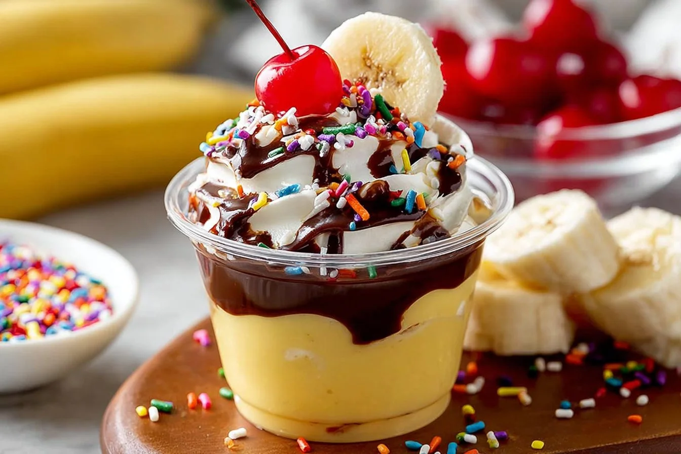 Colorful banana split Jello shots served in clear cups with toppings