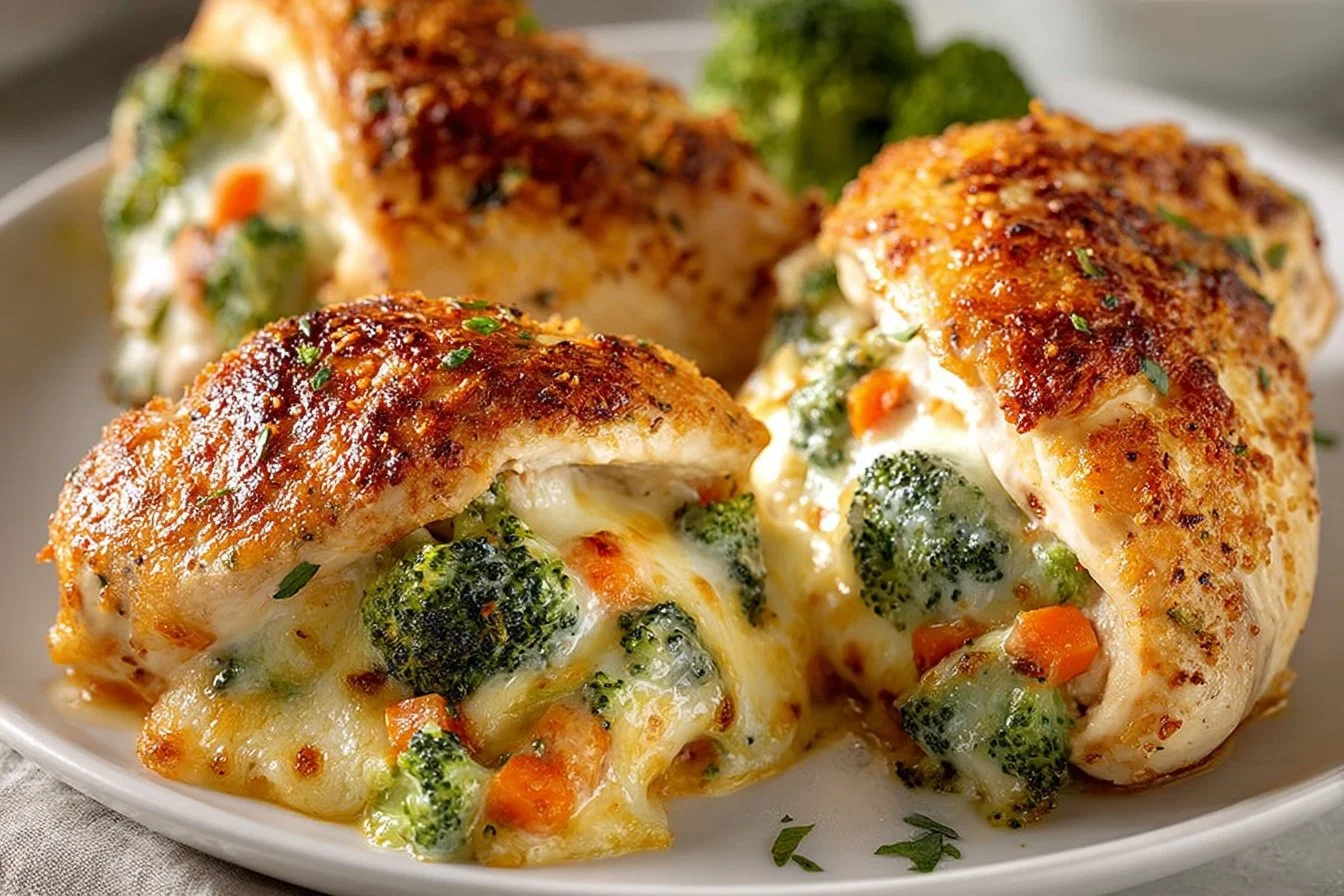 Broccoli cheese stuffed chicken breast on a plate garnished with herbs