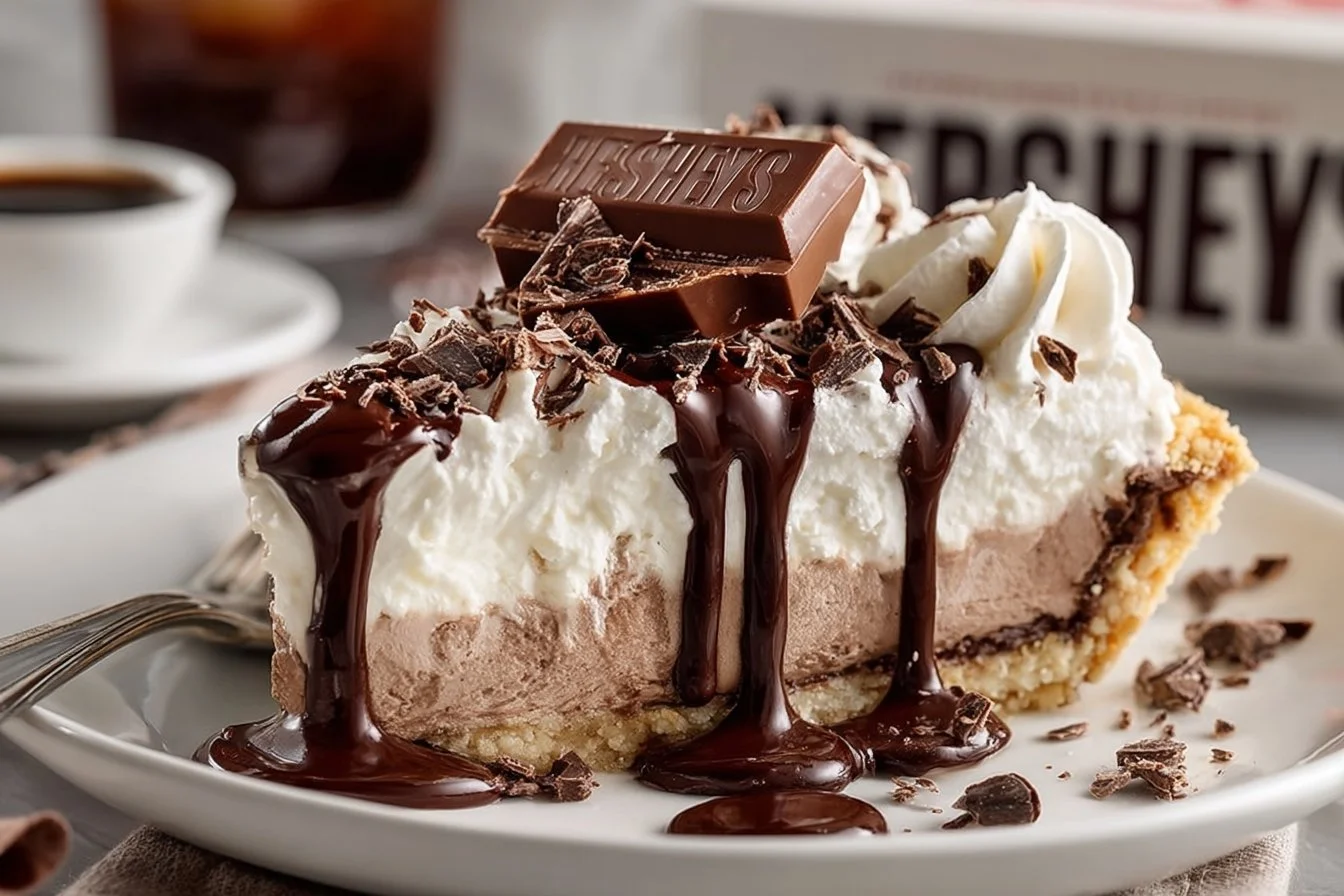 A slice of delicious Hershey pie on a plate, topped with whipped cream and chocolate shavings.