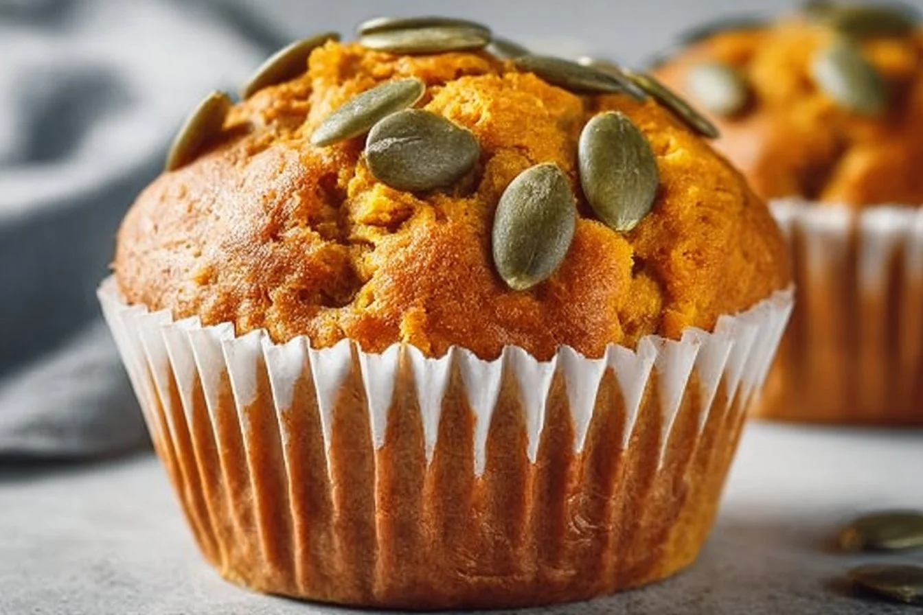 High-protein cottage cheese pumpkin muffins on a rustic wooden table
