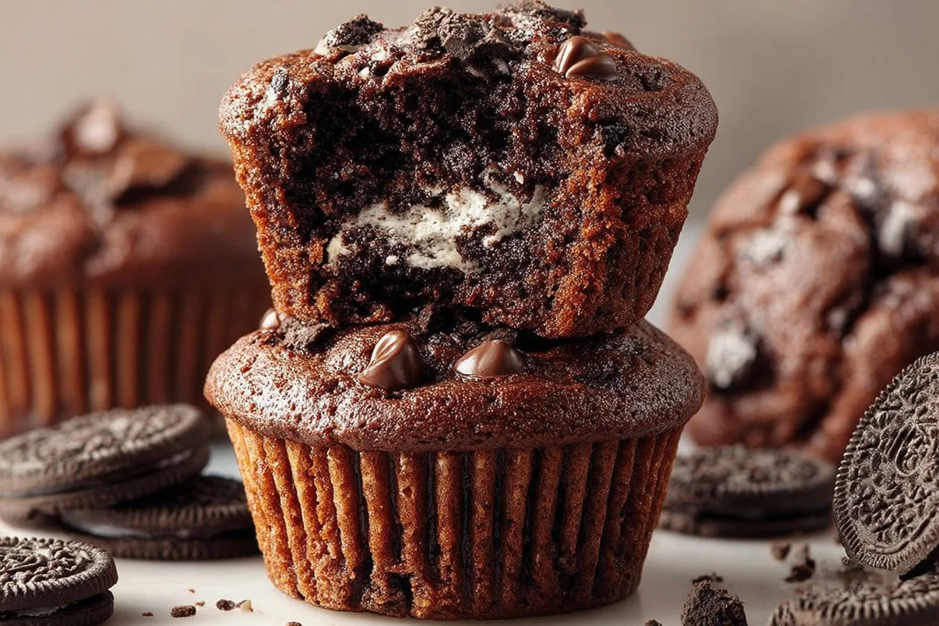 Delicious homemade Oreo muffins topped with cookies and cream frosting