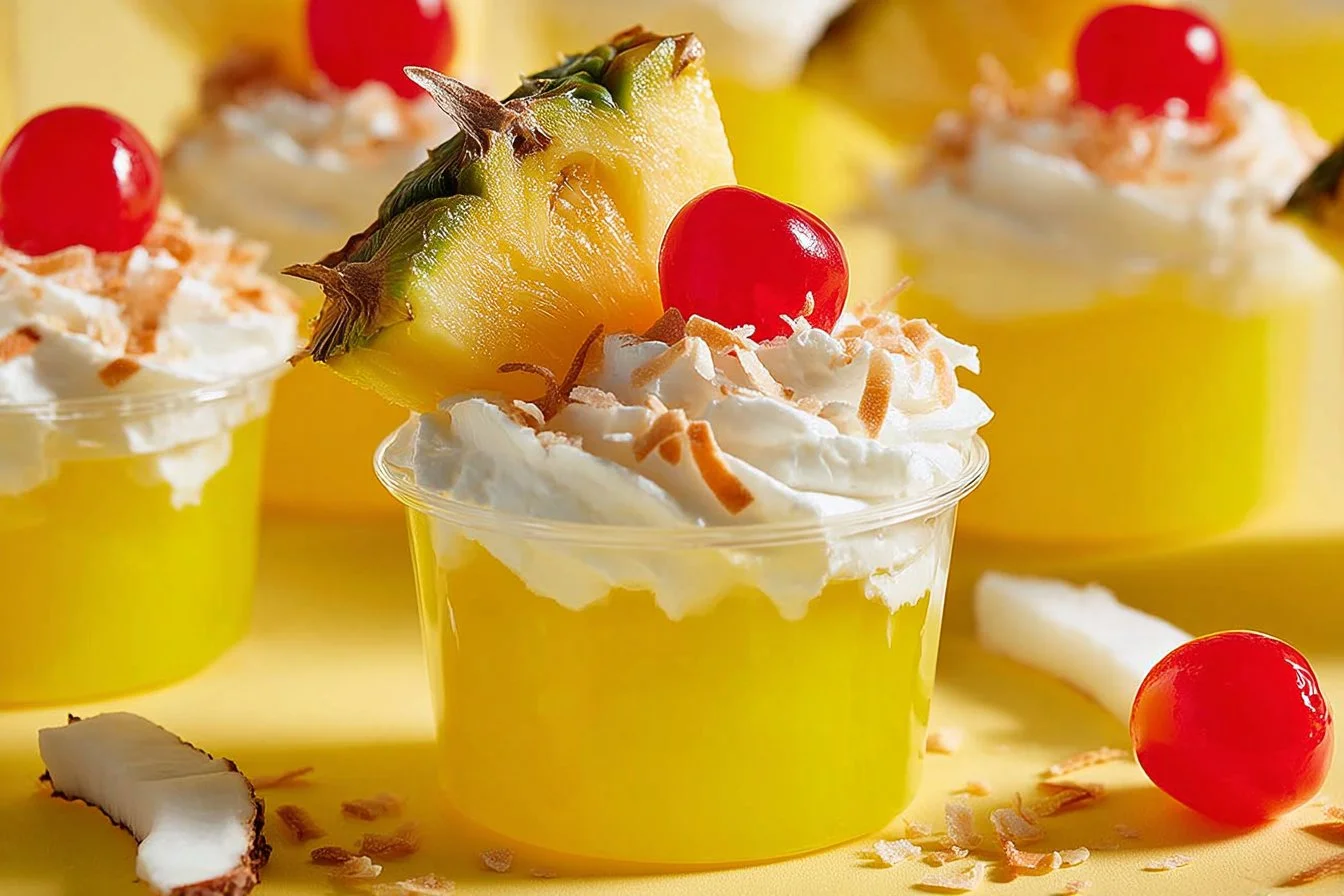 Delicious pina colada jello shots in colorful cups on a party table