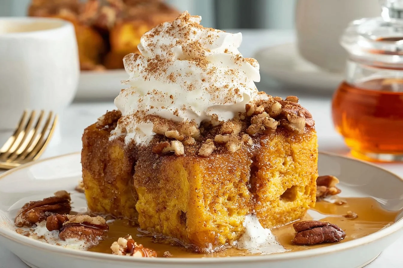 Delicious pumpkin French toast casserole served with syrup and pumpkin spices.