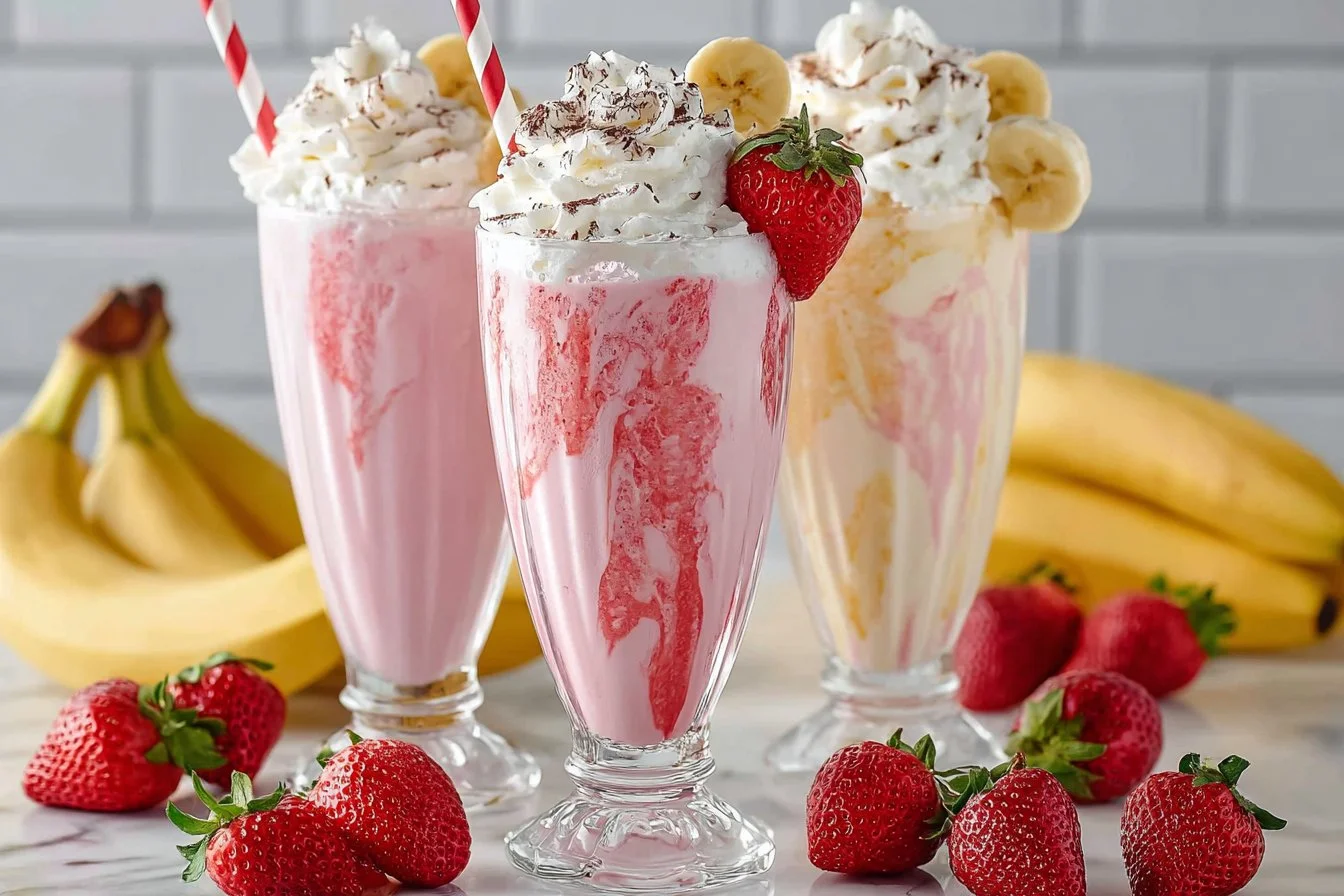 Delicious strawberry banana smoothie in a glass with fresh fruit