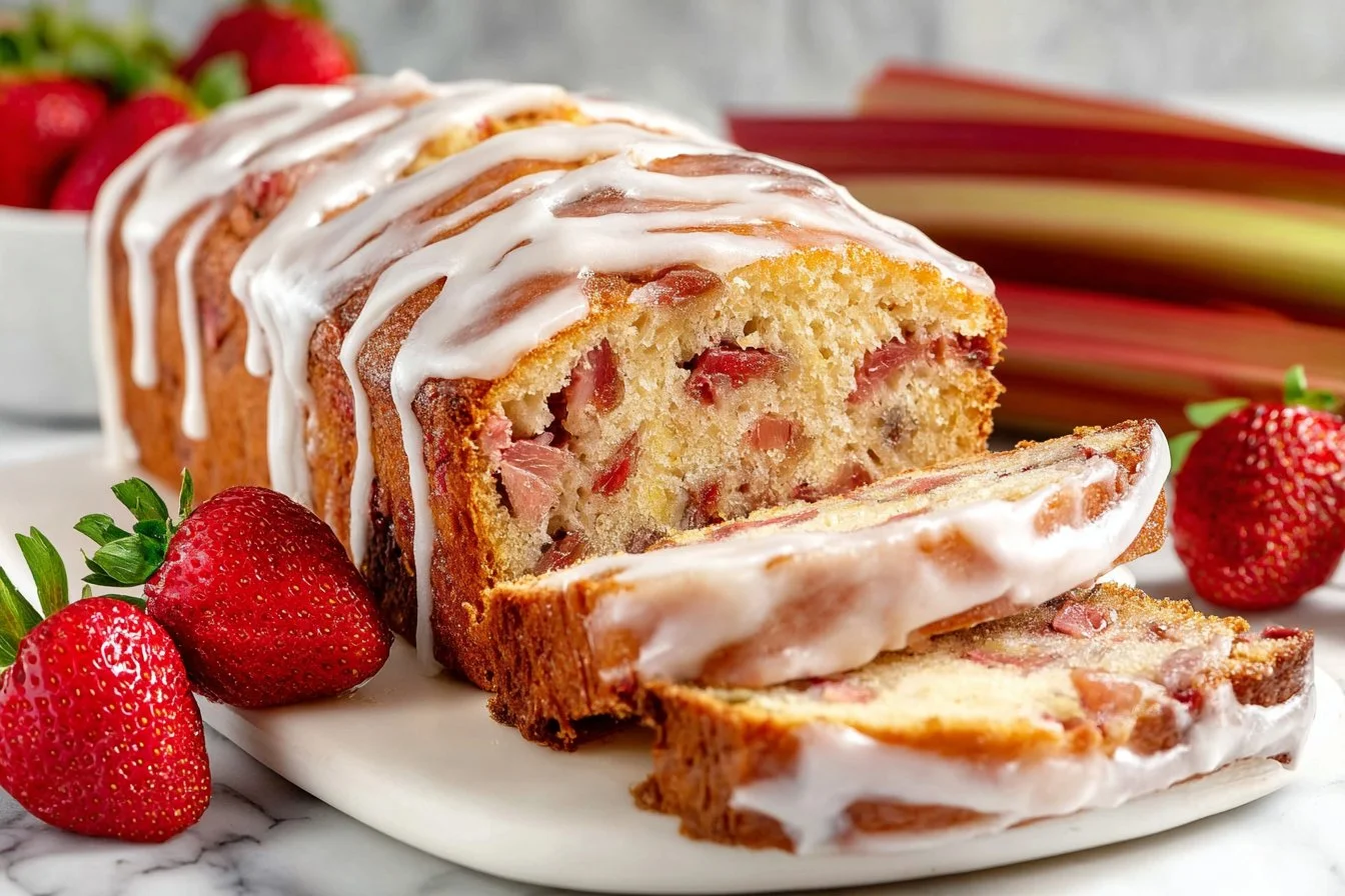 Loaf of freshly baked strawberry rhubarb bread on a wooden table.