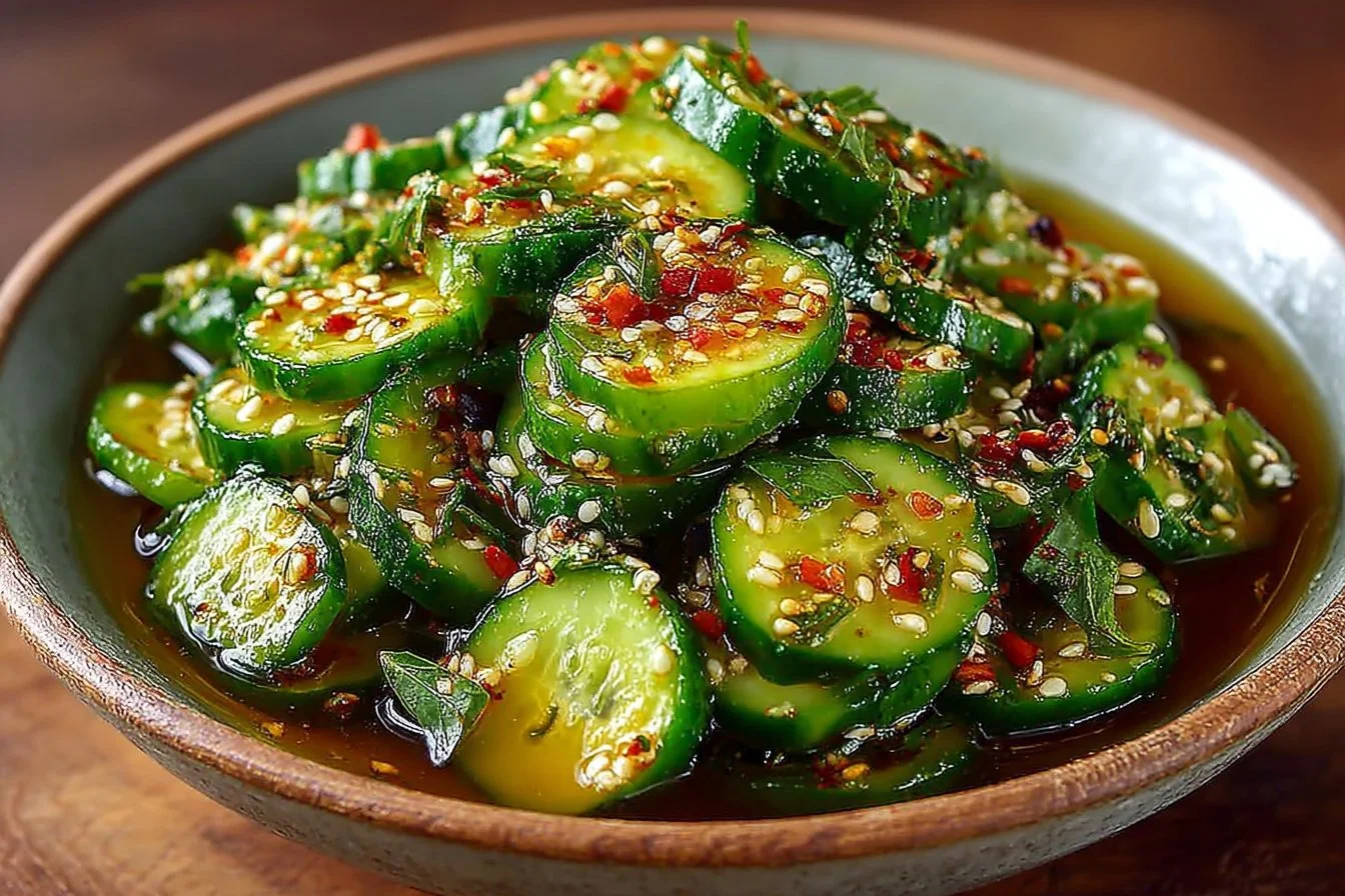 Easy Asian Cucumber Salad in a bowl with sesame seeds and fresh herbs
