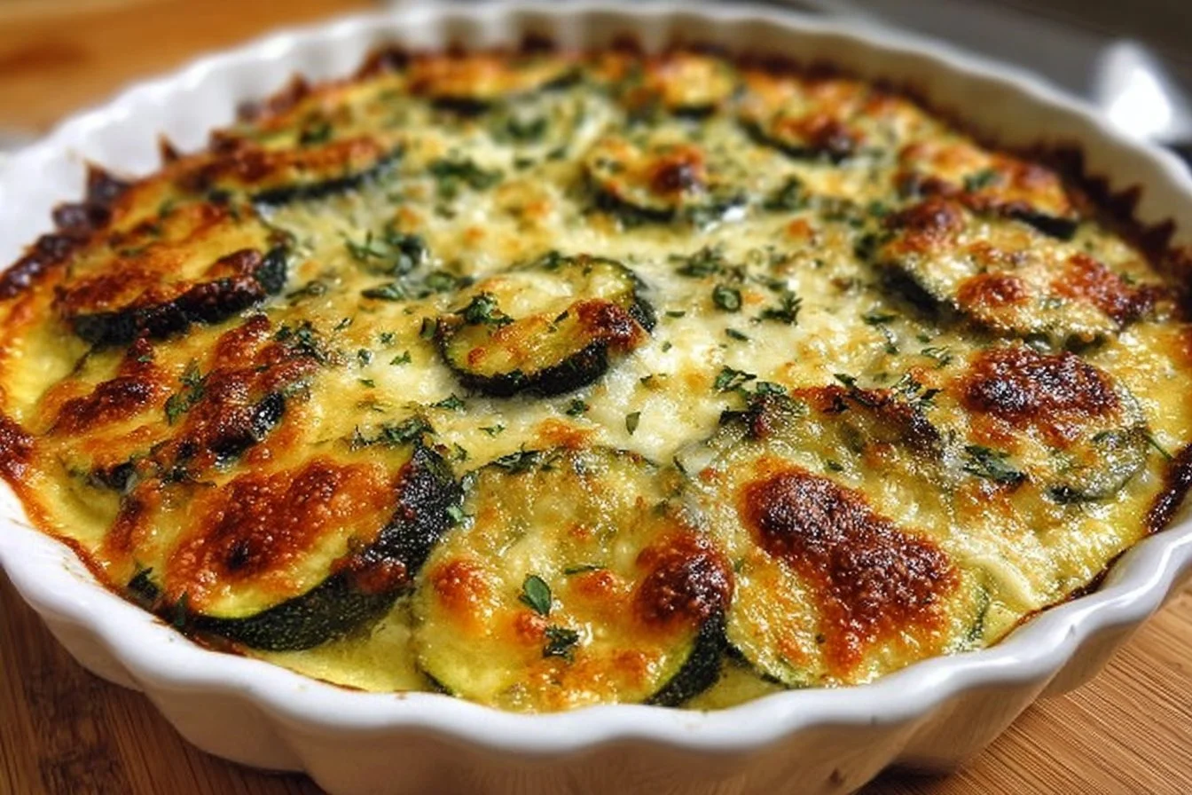 Easy cheesy zucchini bake topped with melted cheese and herbs