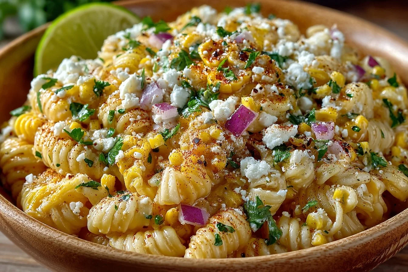 Bowl of elote pasta salad topped with fresh cilantro and lime