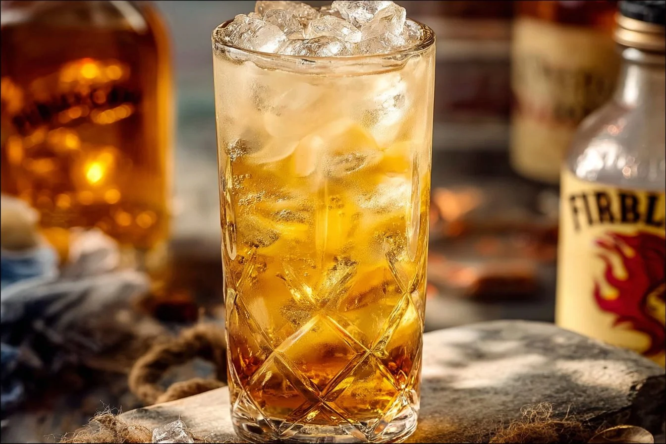 Fireball and Cream Soda cocktail served in a glass with ice and a cinnamon stick