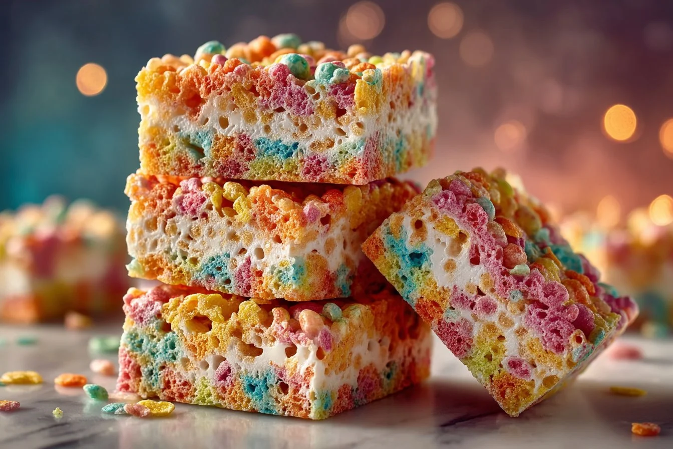 Fruity Pebble Rice Krispie Treats with colorful cereal and melted marshmallows