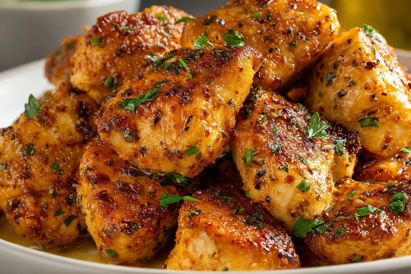 Garlic Butter Chicken Bites garnished with herbs on a plate