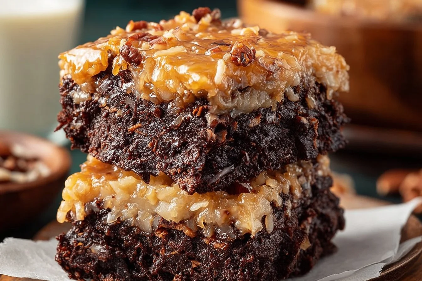 Delicious German Chocolate Brownies topped with coconut and pecans