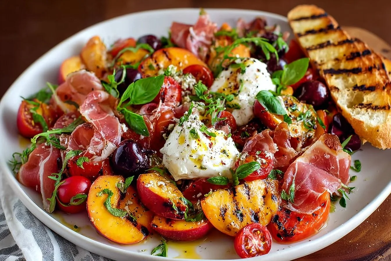 Grilled nectarine burrata salad with prosciutto and arugula on a plate