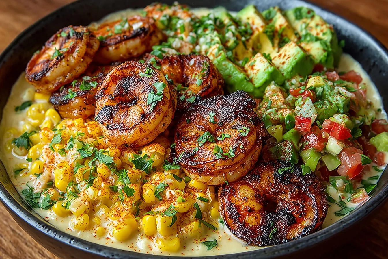Delicious grilled shrimp bowl with avocado and corn salsa, topped with creamy sauce