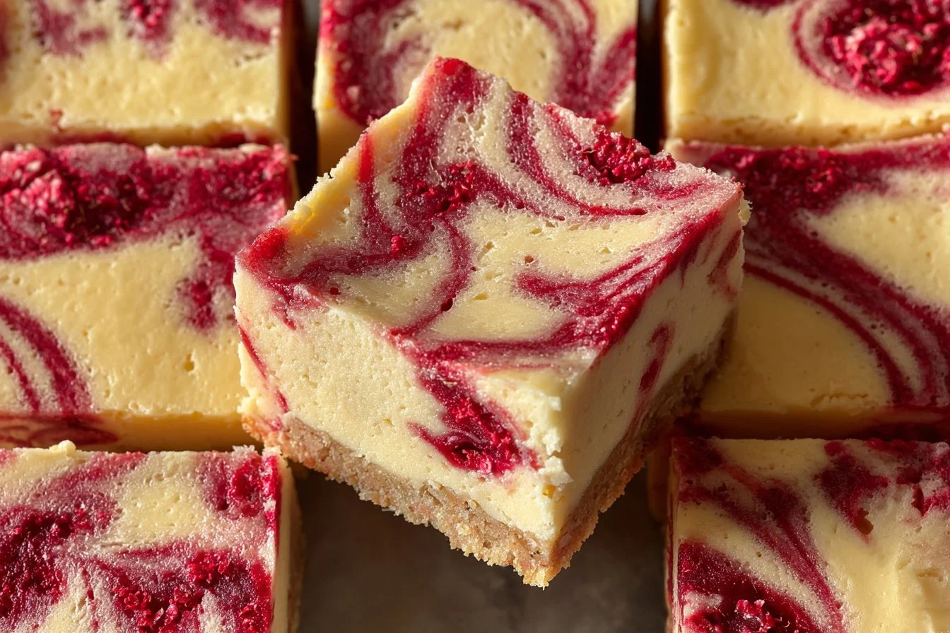 Healthy raspberry cheesecake bars with fresh raspberries and a creamy topping.