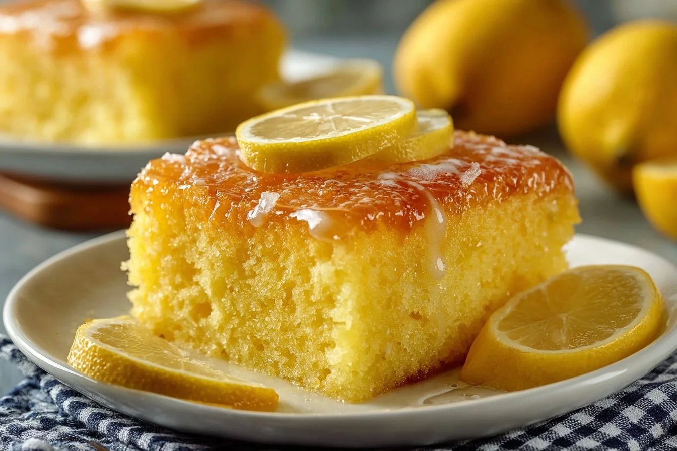 Slice of delicious Lemon Jello Cake with lemon garnishes