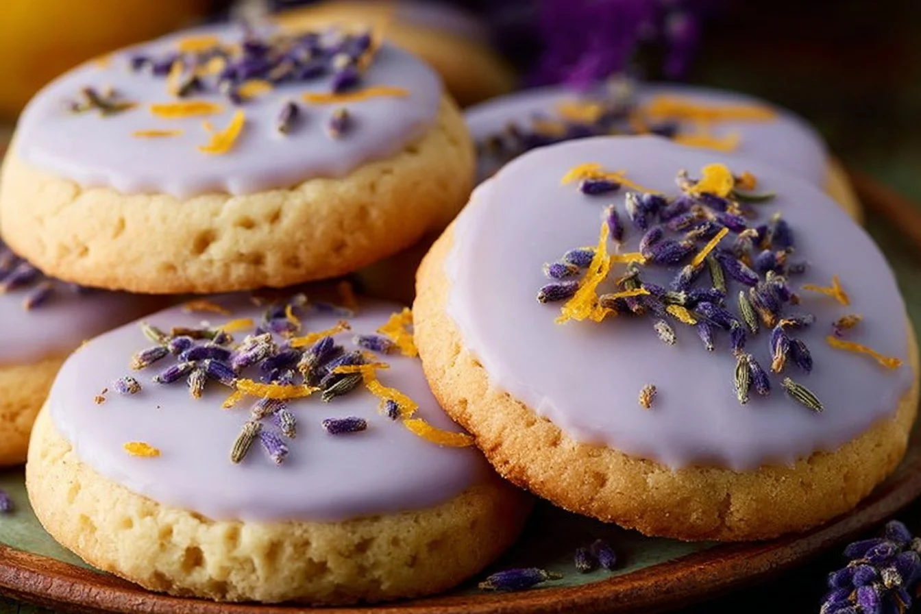Delicious lemon lavender cookies with a golden crust and floral touches.