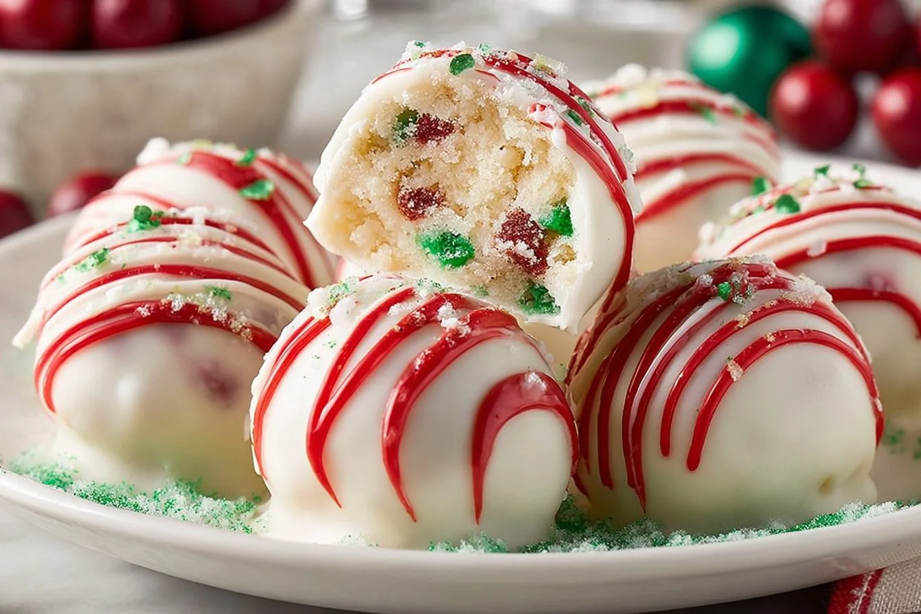 A plate of Little Debbie Christmas Tree Cake Balls decorated for the holidays.