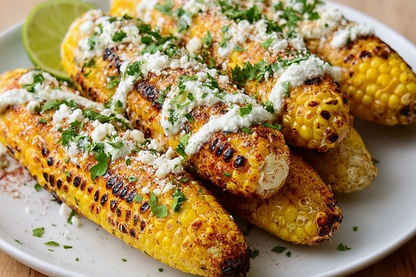 Delicious Mexican street corn elotes topped with cheese and spices