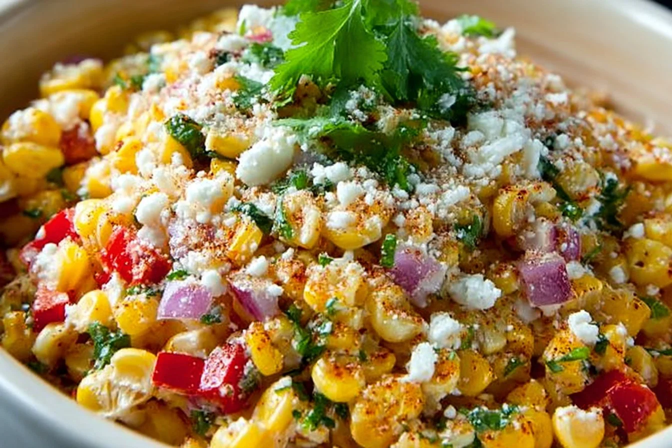 Bowl of vibrant Mexican street corn salad with corn, herbs, and toppings