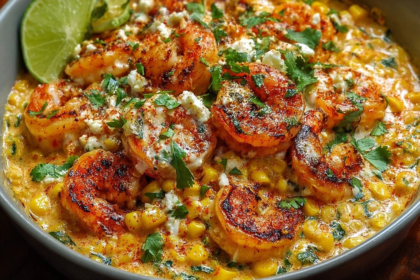 Delicious Mexican Street Corn topped with shrimp and creamy feta cheese sauce