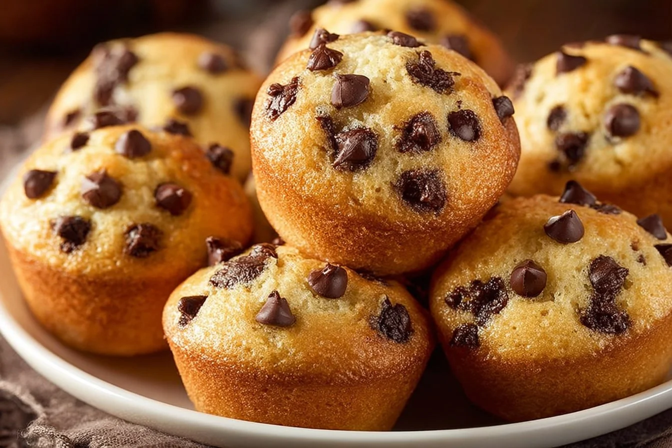 Freshly baked mini chocolate chip muffins on a plate