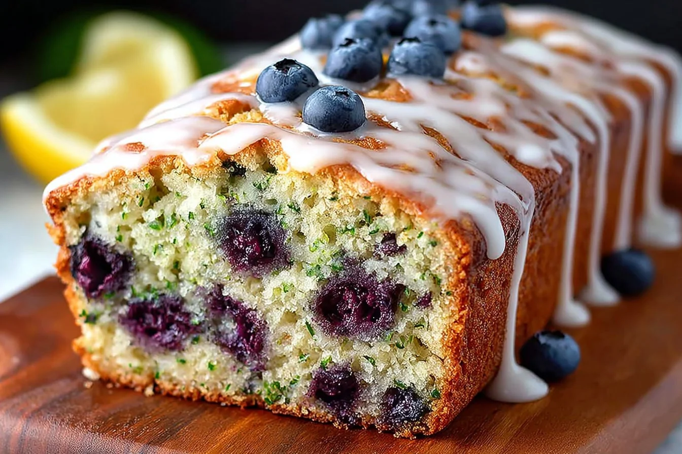 Moist blueberry zucchini bread topped with lemon glaze on a wooden board.
