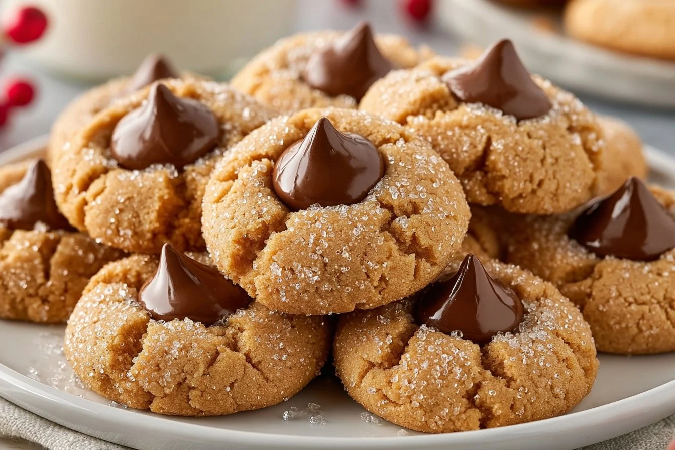 Delicious Peanut Butter Blossoms cookies topped with chocolate kisses