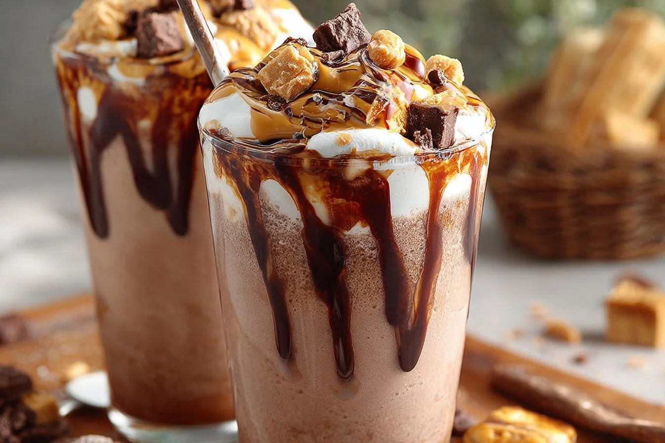Delicious Peanut Butter Frozen Hot Chocolate topped with whipped cream and peanut drizzle