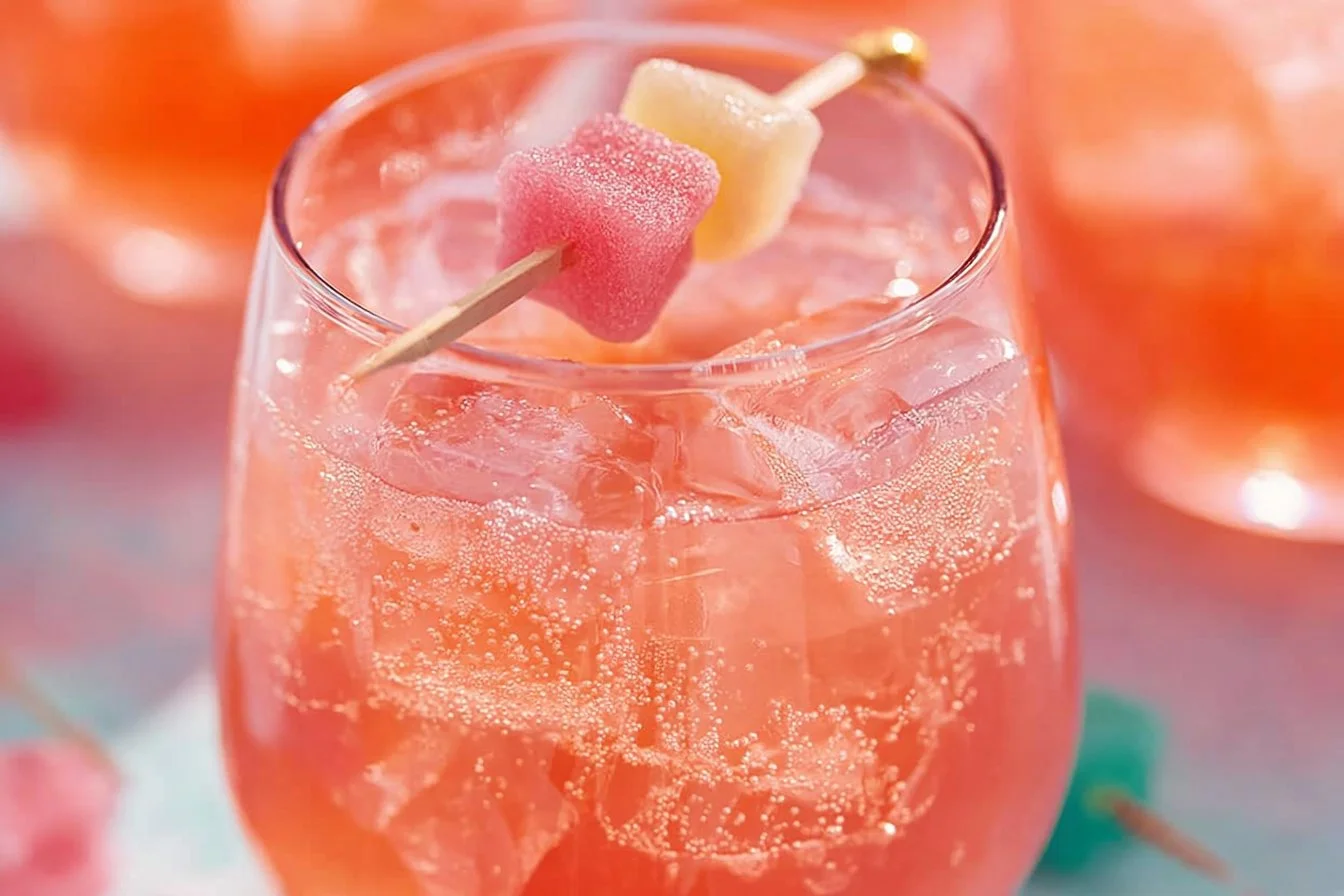 Delicious Pink Starburst Cocktail garnished with fruit slices