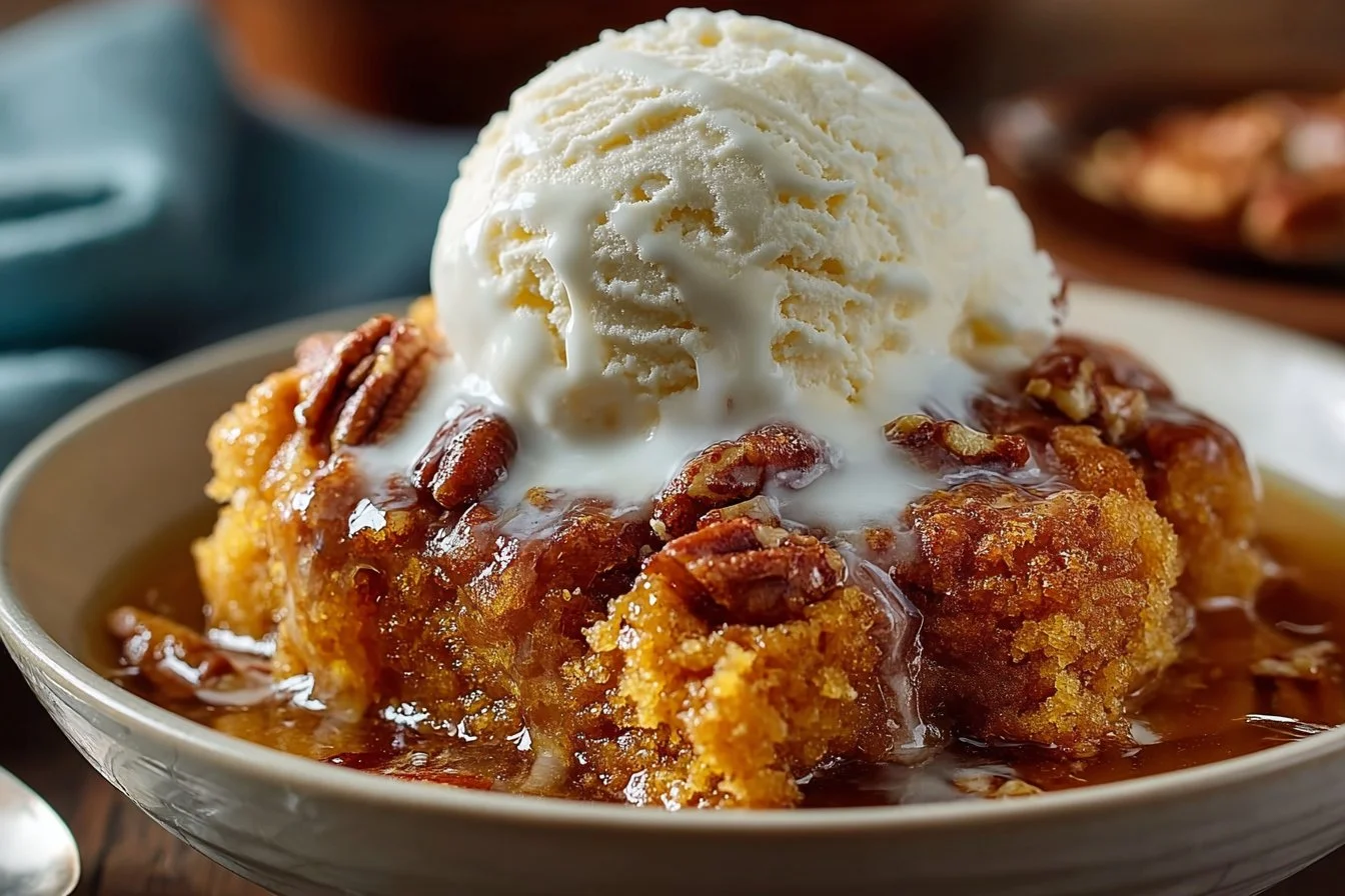 Delicious Pumpkin Pecan Cobbler served in a rustic dish