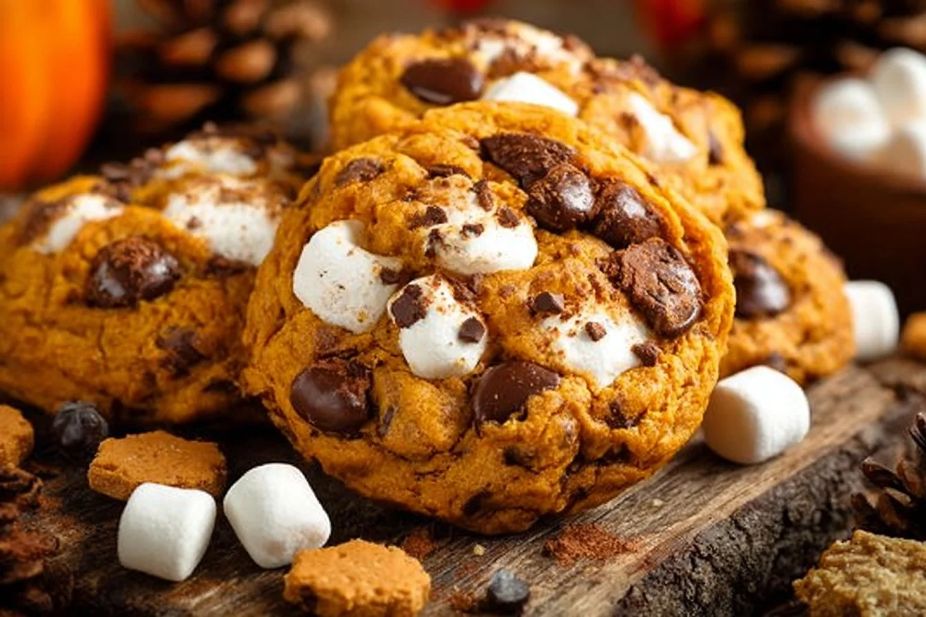 Delicious Pumpkin S'mores Cookies with chocolate and marshmallows