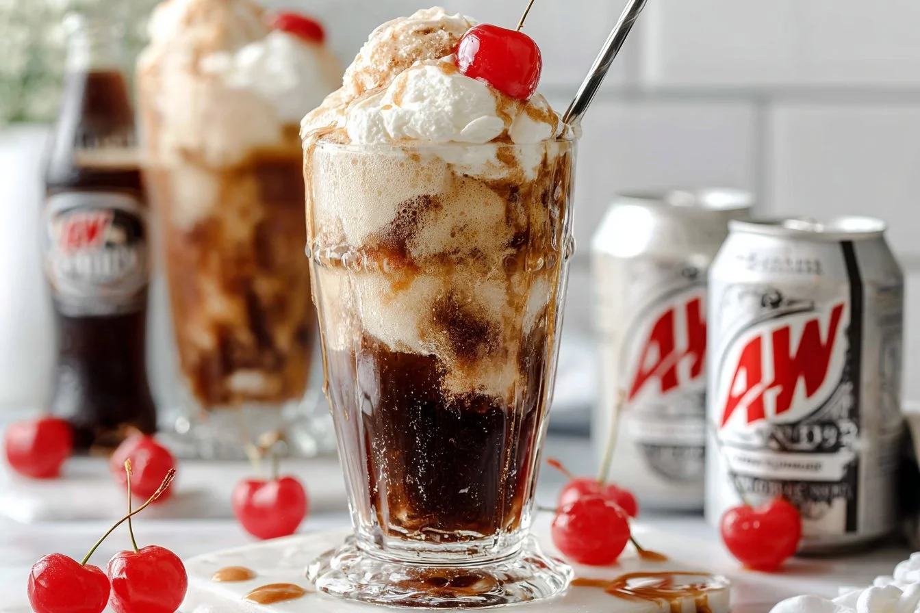 Delicious root beer float with vanilla ice cream and root beer in a glass